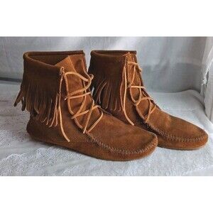 Moccasin Tramper Boots Womens 9 High Ankle Brown Suede Leather Western Hippie